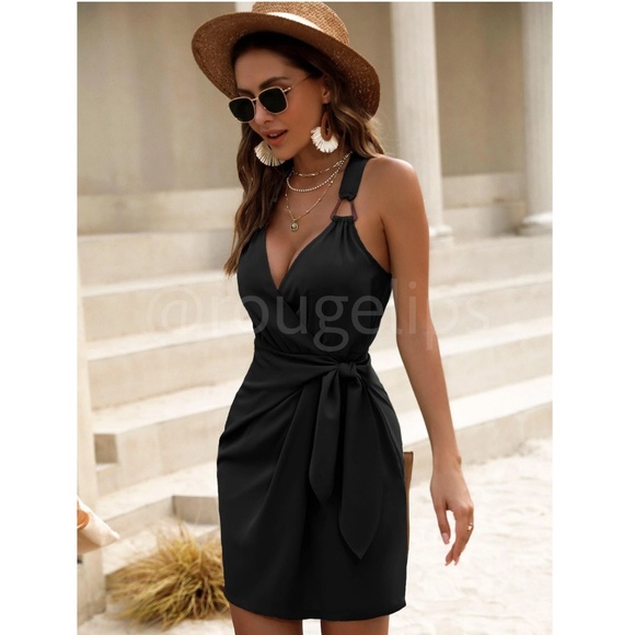 Black Both Straps are Embellished Short, Mini V-Neck, Mock Wrap Side Tie - Picture 4 of 7